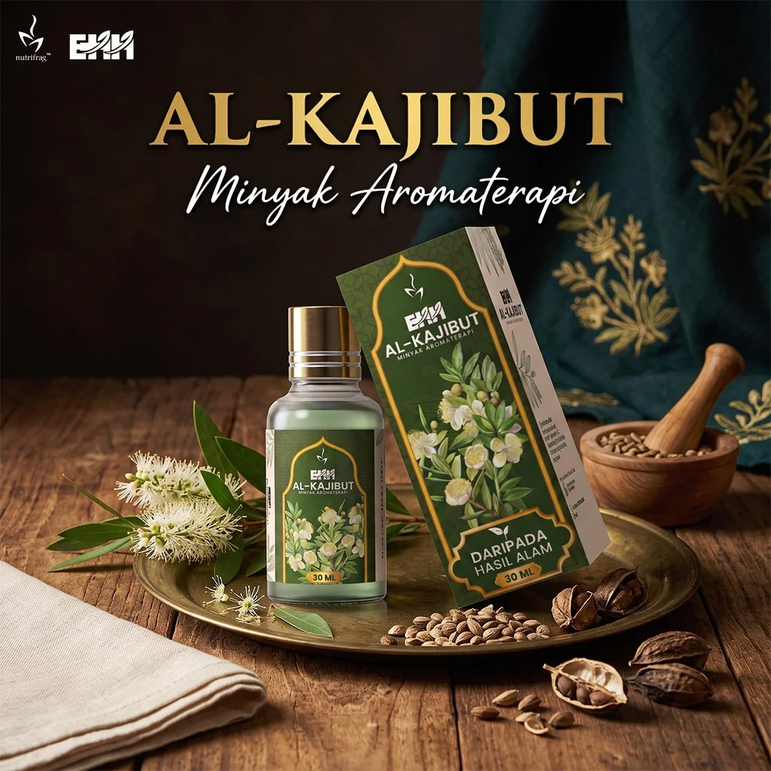 Botol dan kotak Al-Kajibut 30 ml dengan bunga kayu putih dan bahan semula jadi